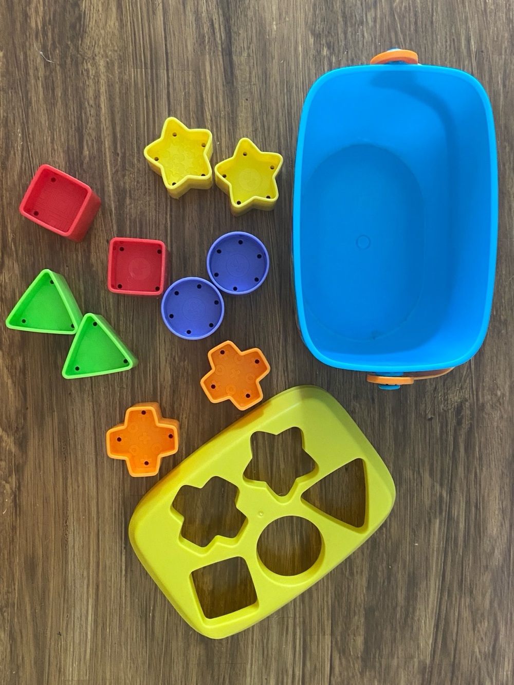 Fisher-Price Blue Tub Shape Sorter with Yellow Lid and Multicolor Shapes